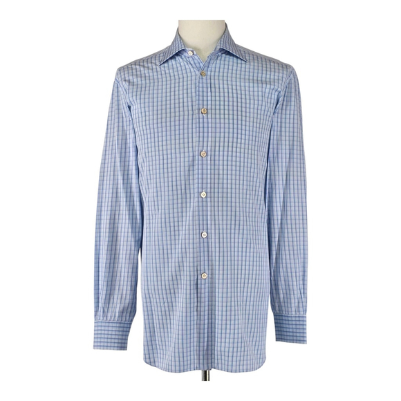 Kiton Other - Quiet Luxury Kiton Dress Shirt Men 16.5 / 42 Blue Check Cotton Italy Workwear